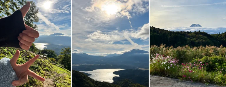 野尻湖を背景にした手のジェスチャー、光る湖面と山並み、雲海とコスモスを並べた3枚のコラージュ